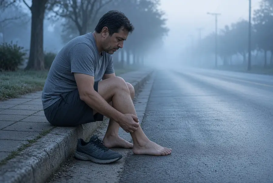 Man sitting on a curb at dawn with one shoe off, holding his lower leg