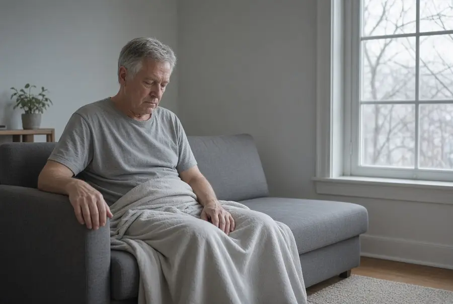 Man resting on a couch under a blanket at home