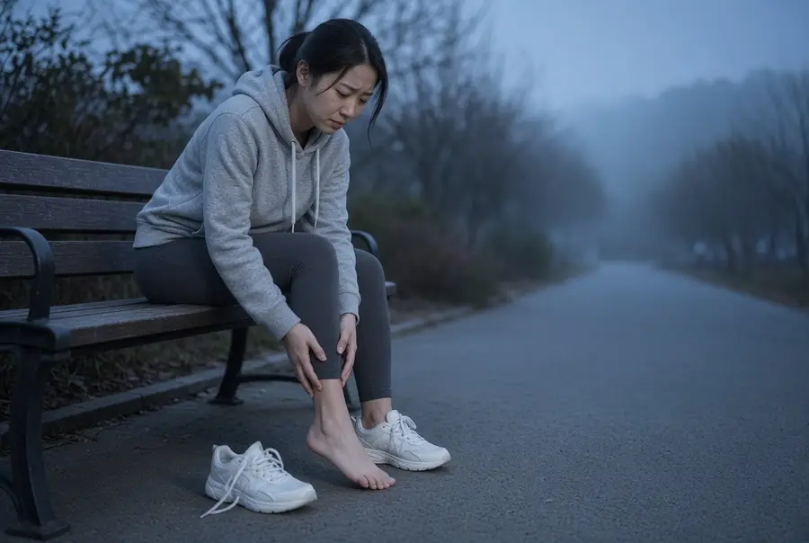 Woman on a park bench holding her ankle with one shoe off