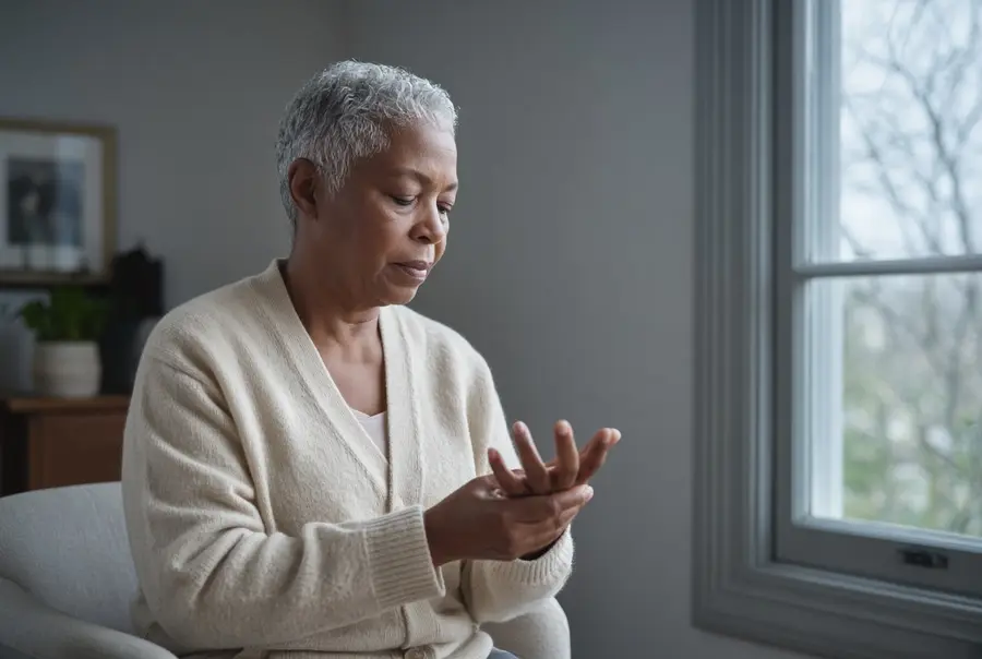 Woman seated by a window gently flexing her hand