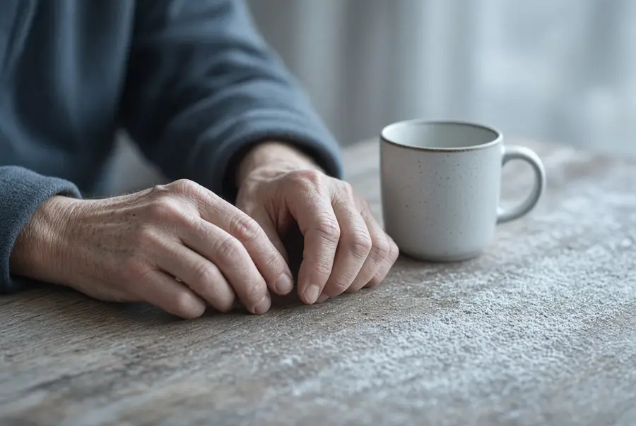 Older hands resting on a wooden table beside a mug