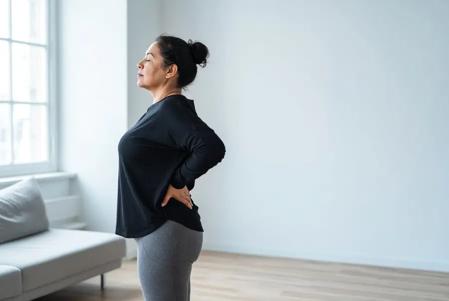 Woman standing in a bright room with her hands on her lower back