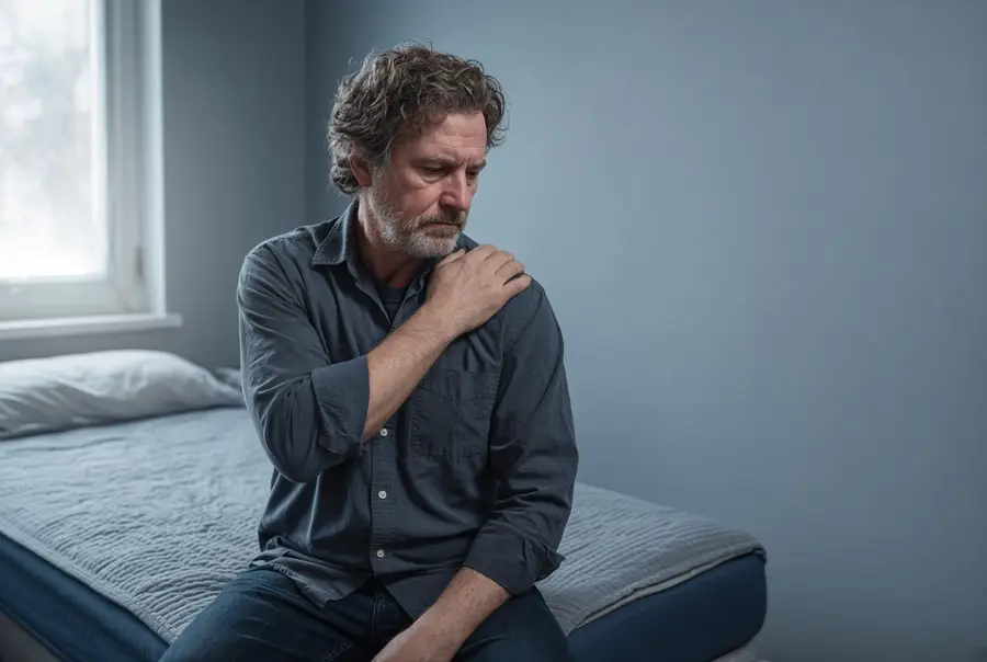 Man sitting on the edge of a bed with a hand on his shoulder
