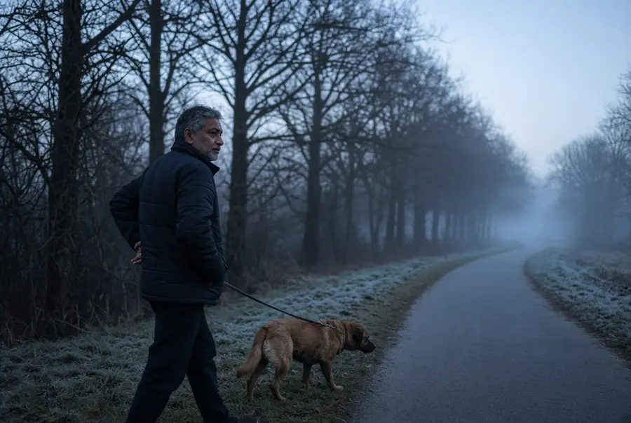 Man walking a dog along a misty path at dusk