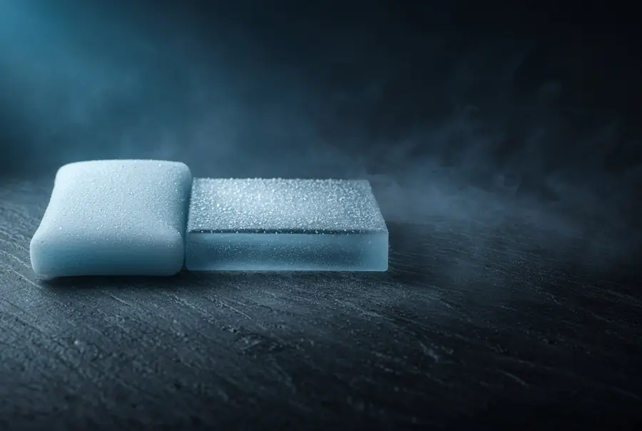 An ice pack and a frosted glass block side by side in cold mist