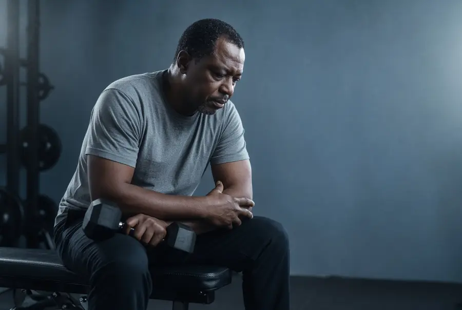Man seated on a gym bench with a dumbbell, looking down