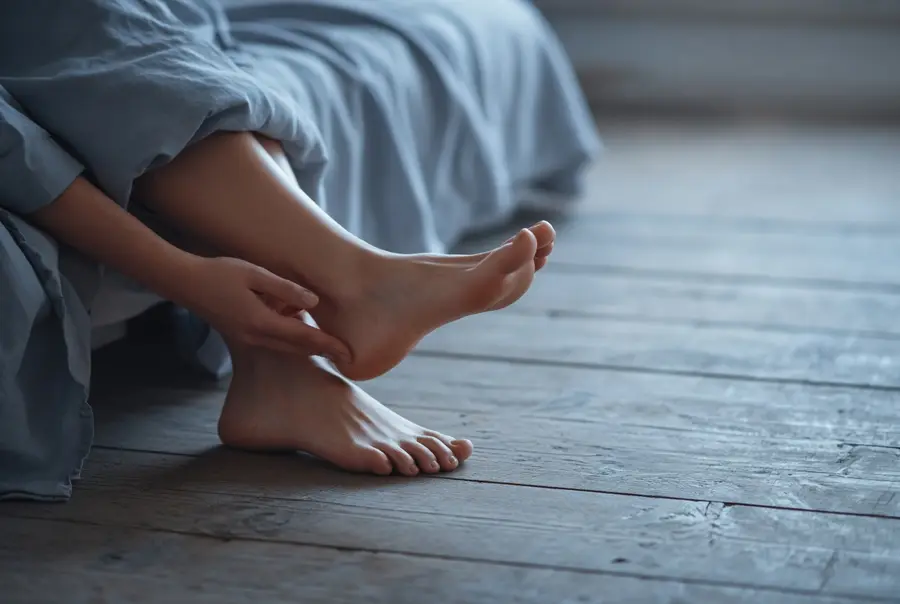 Bare feet on a wooden floor beside a bed, one hand holding the heel
