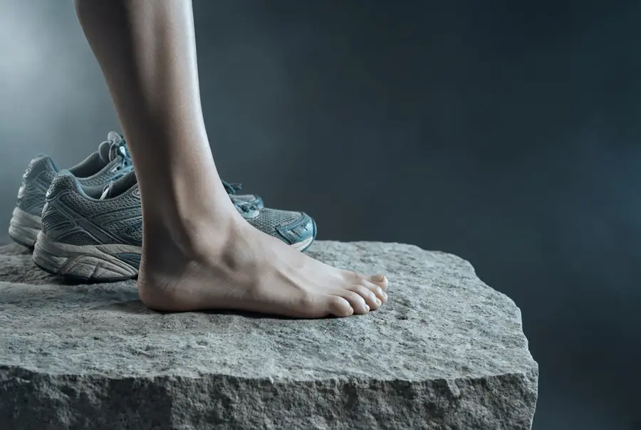 Bare foot resting on a stone block beside running shoes