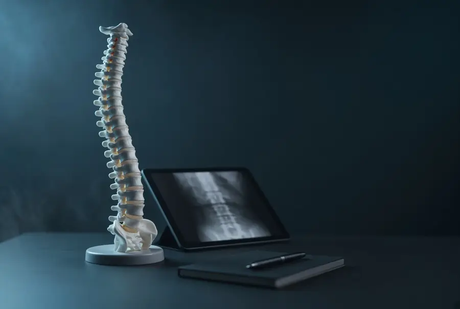 Spine model on a desk beside a tablet showing a spine scan