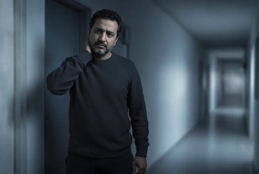 Man in a hallway with a hand on the side of his neck
