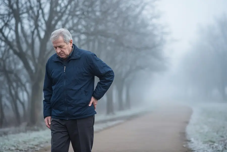 Older man walking a misty park path with a hand on his hip