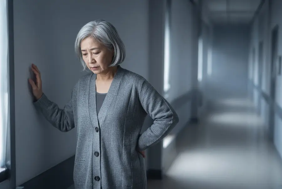 Woman in a hallway with one hand on the wall and one on her hip