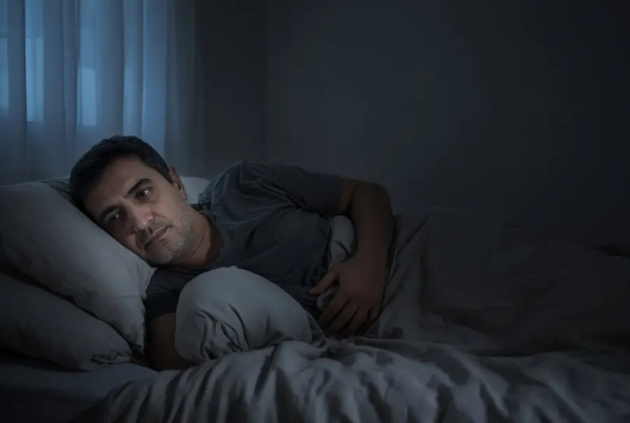 Man lying awake in bed with a hand on his hip