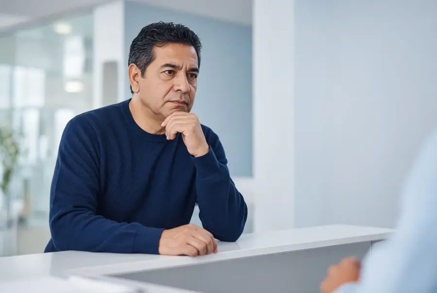 Man at a clinic front desk listening carefully