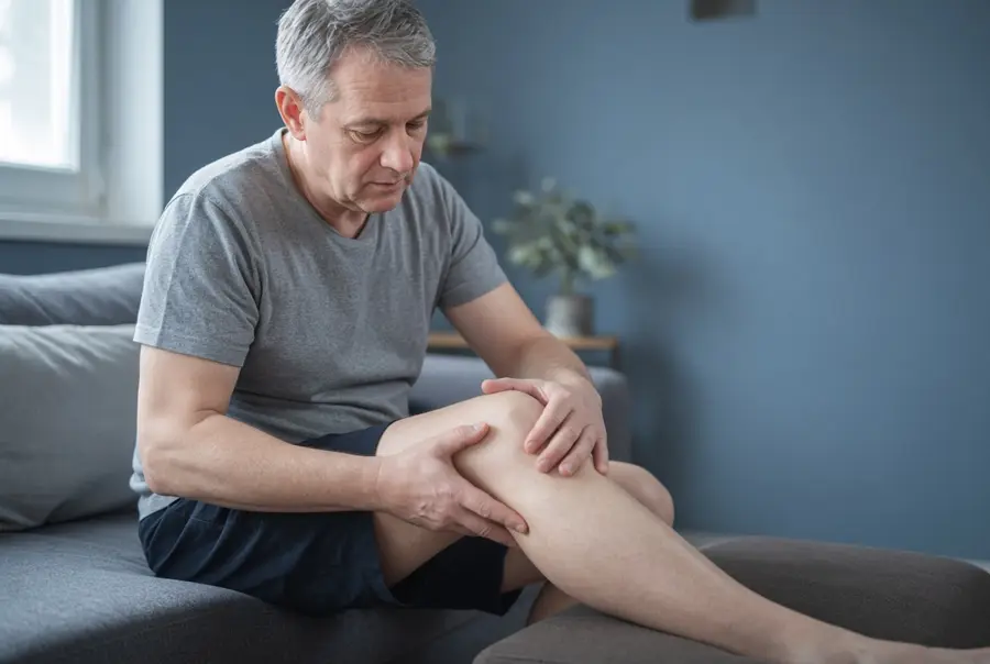 Man seated on a couch holding his knee