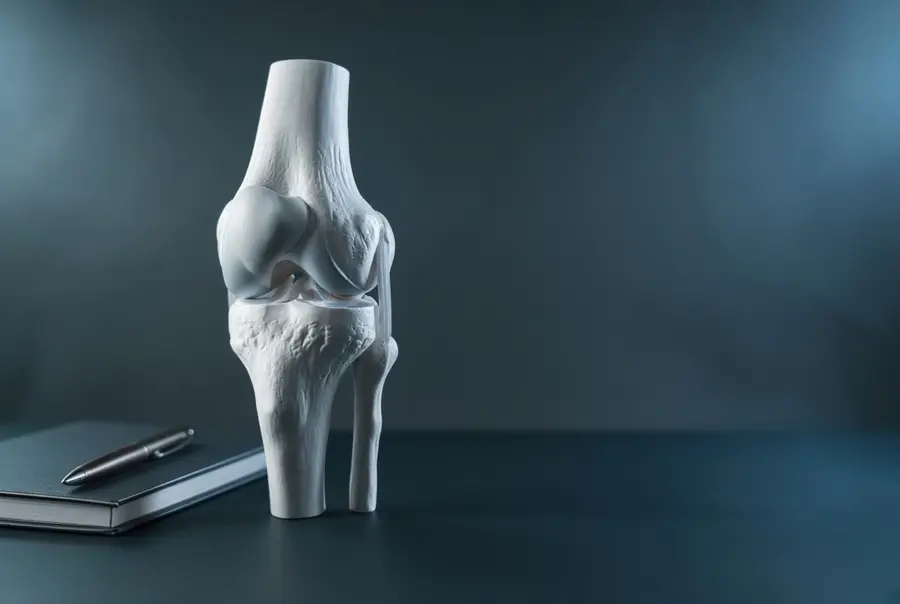 Knee joint model on a desk beside a notebook and pen