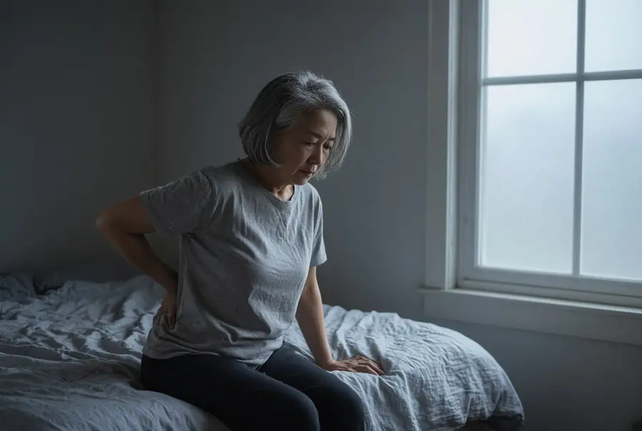 Woman sitting on the edge of a bed in the morning with a hand on her lower back