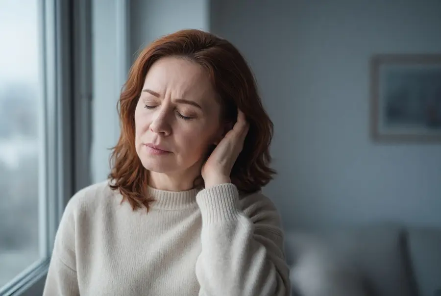 Woman by a window with her fingertips at the base of her skull