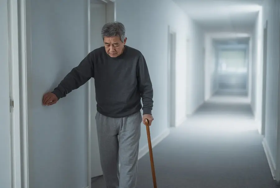 Older man walking slowly down a hallway with a cane