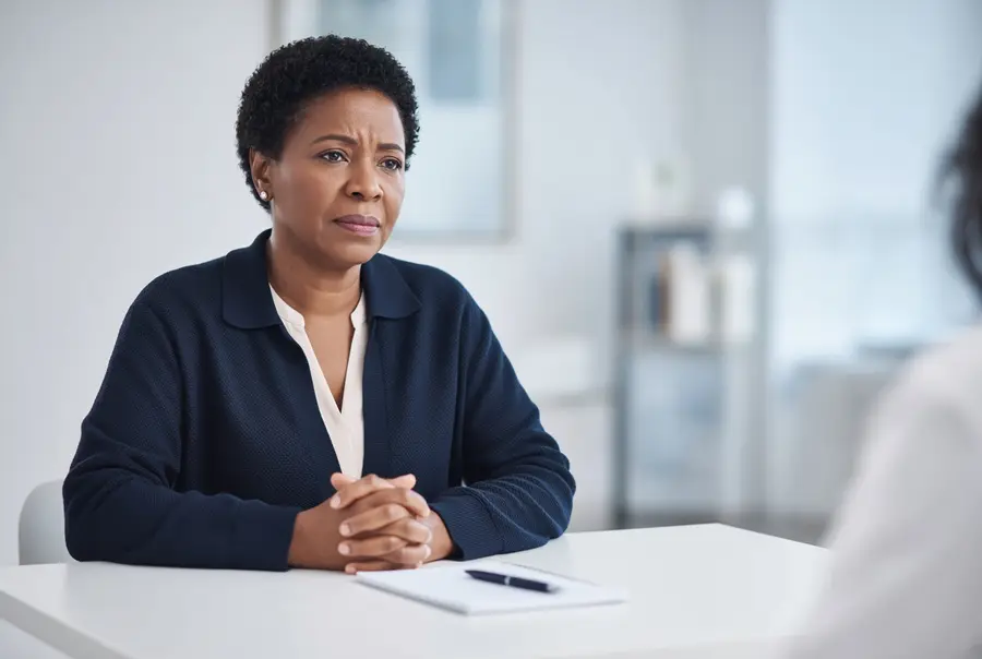 Woman listening during a consultation across a clinic desk