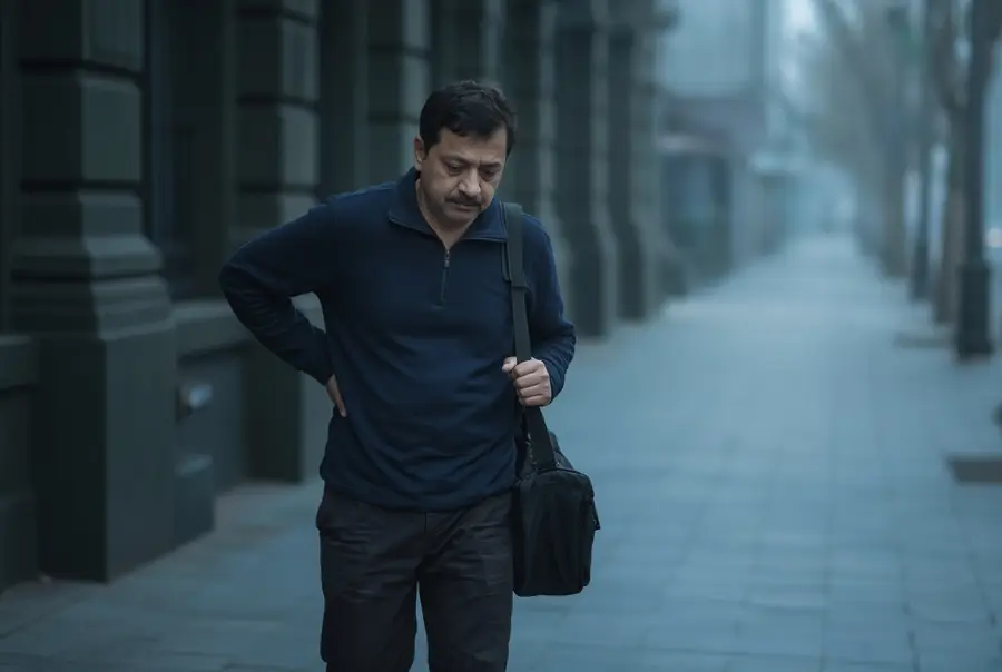 Man pausing on a city sidewalk with a hand on his lower back