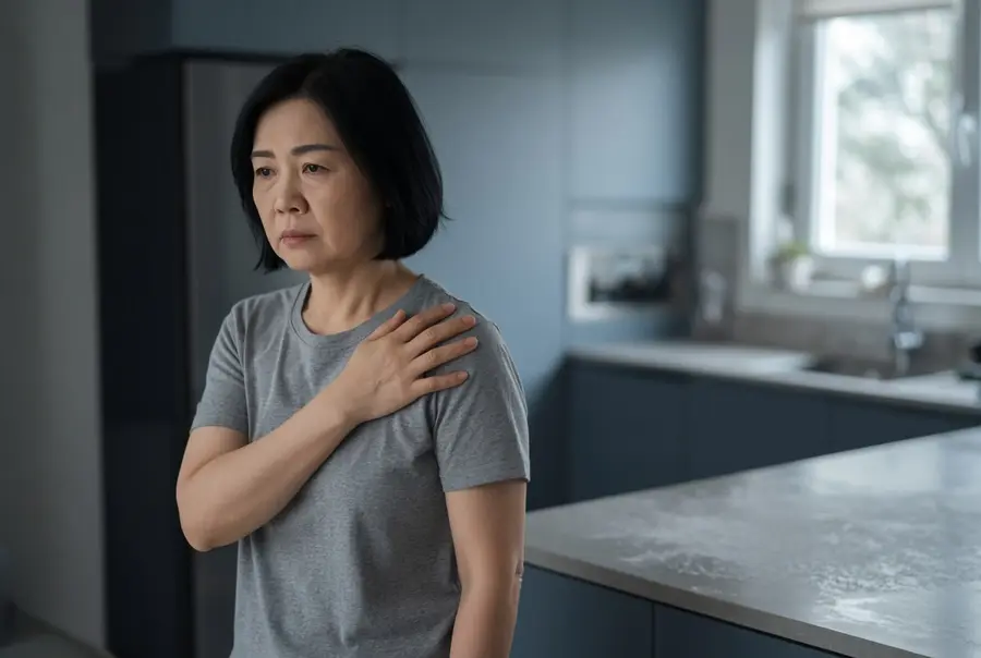 Woman in a kitchen with a hand on her shoulder