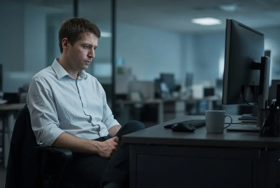 Man at an office desk leaning to one side with a hand under his thigh