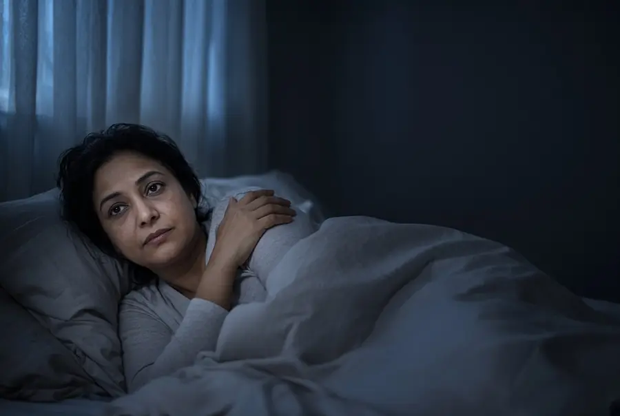 Woman lying awake in bed with a hand on her shoulder
