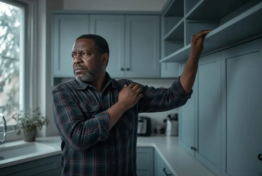 Man reaching toward a high kitchen shelf while holding his shoulder