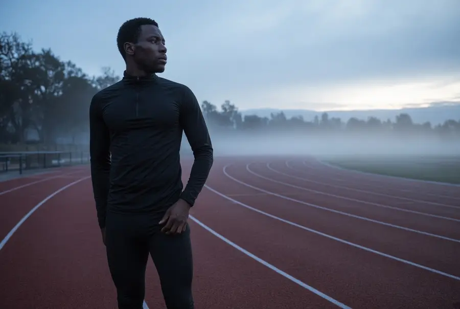Athlete standing on a misty running track at dawn