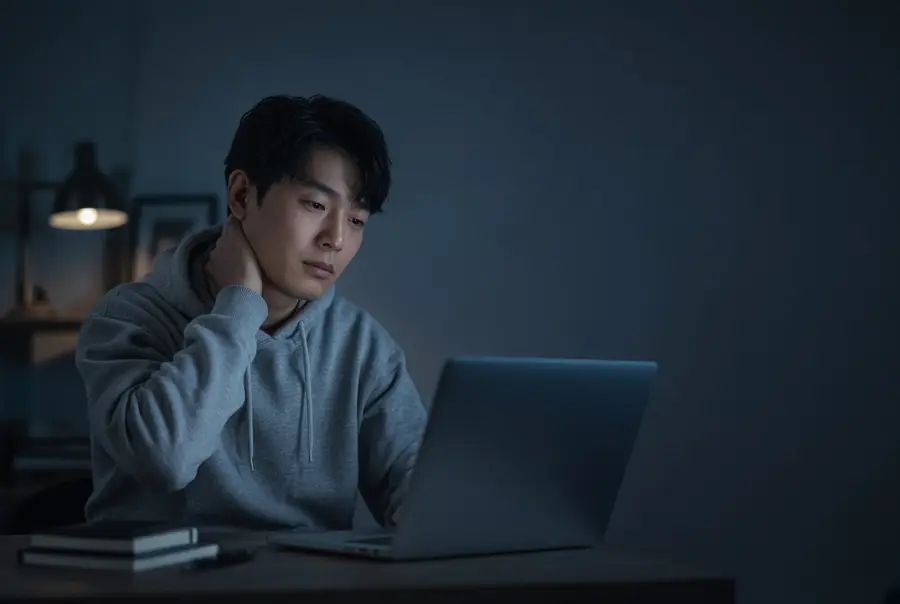 Man at a laptop rubbing the back of his neck