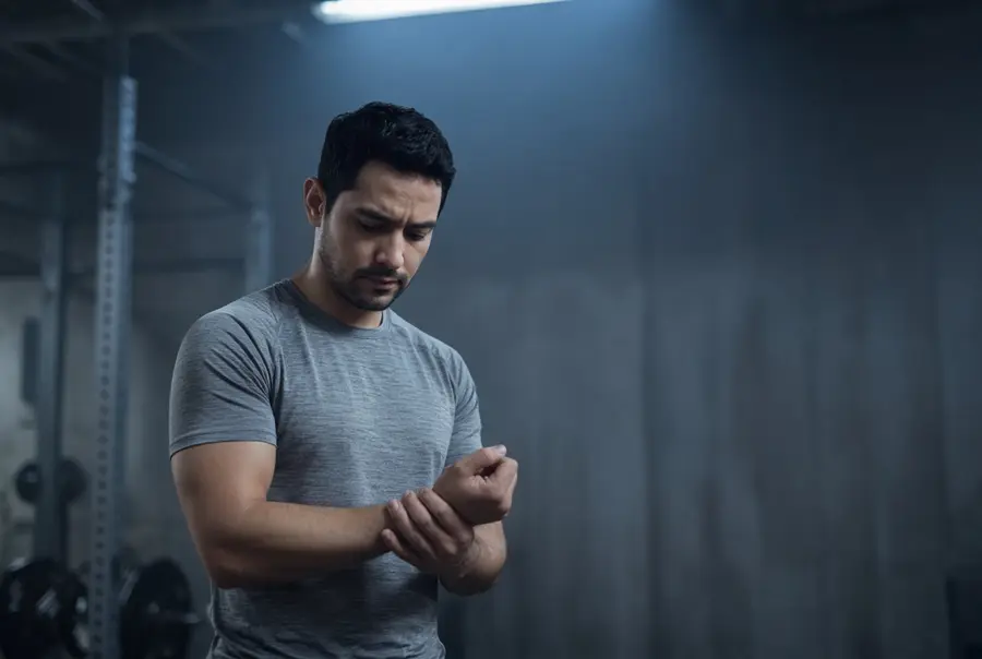 Man in a gym holding his own forearm near the wrist