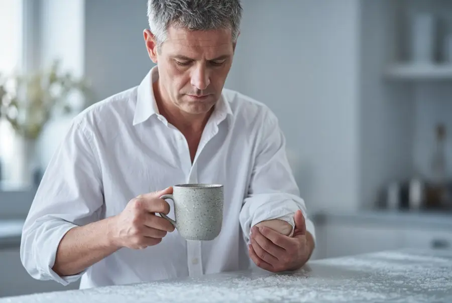 Man holding a mug while cupping the outside of his elbow