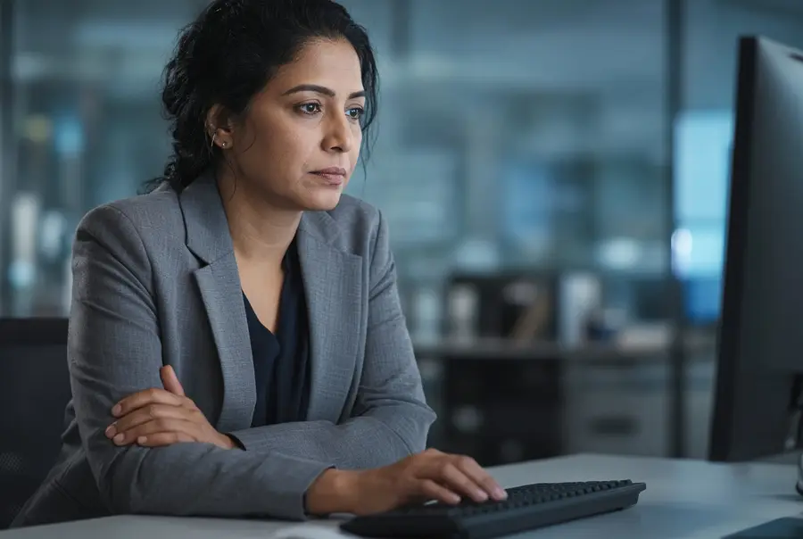 Woman at a desk typing with one hand while holding her opposite elbow