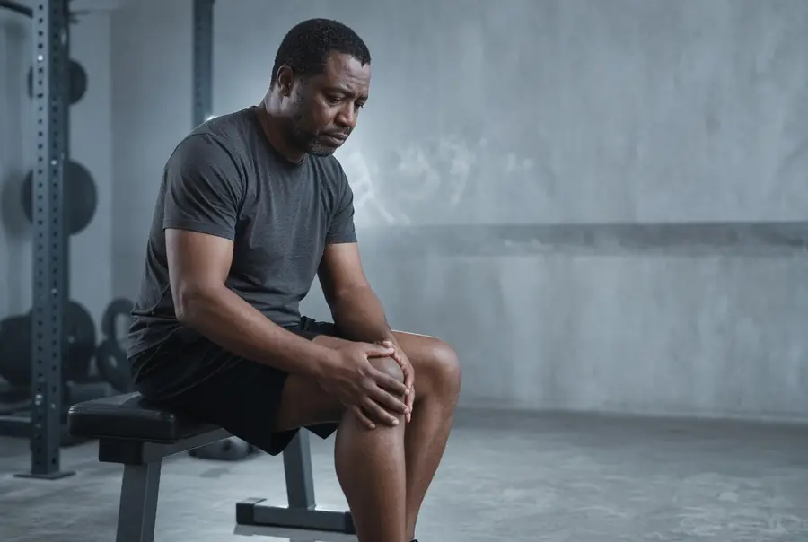 Man seated on a gym bench holding his knee