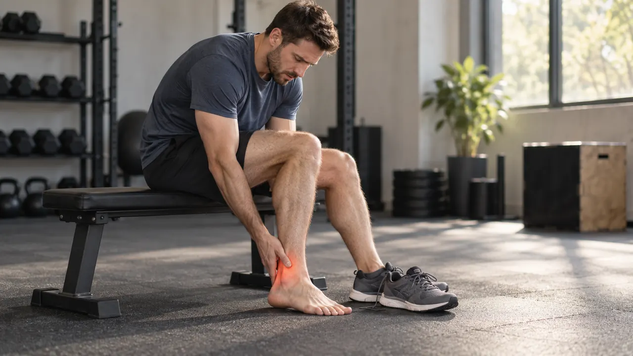 Man sitting on a gym bench holding the back of his ankle, athletic shoes beside him