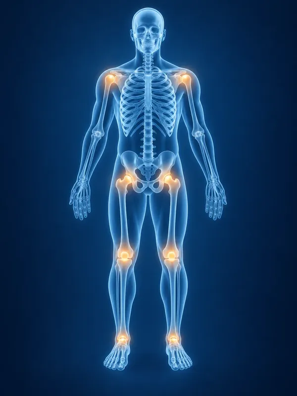 Illustration of the human body with the major joints and spine highlighted
