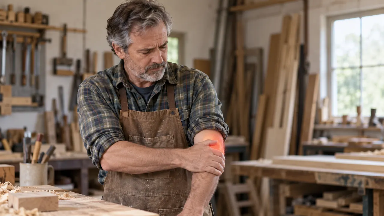 Man in a workshop gently holding his forearm with a pained expression