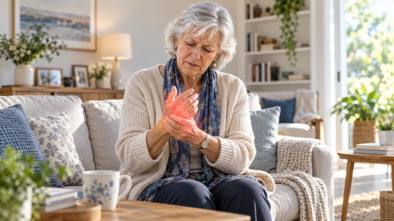 Older woman on a sofa holding her sore hand and wrist