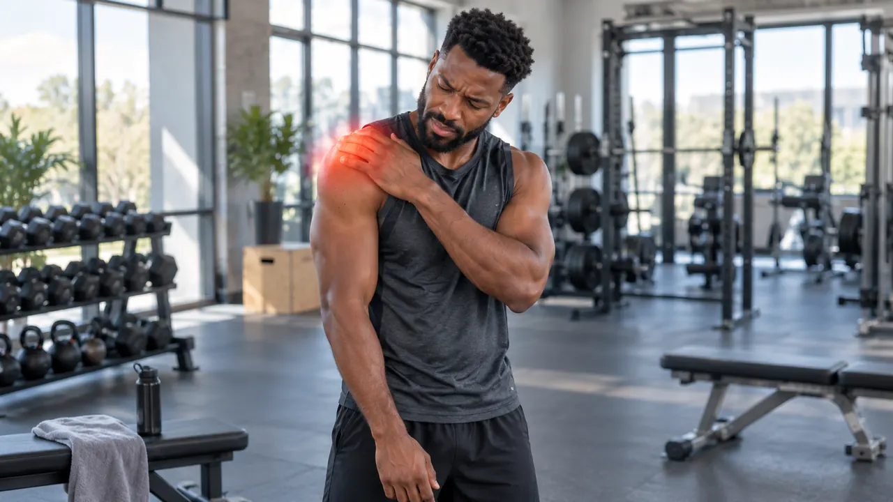 Man in a gym holding his sore shoulder