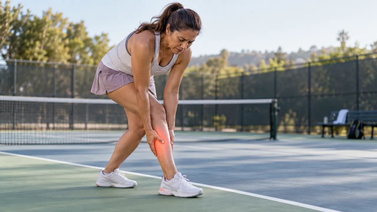 Woman on a tennis court bending forward with her hands on her lower leg
