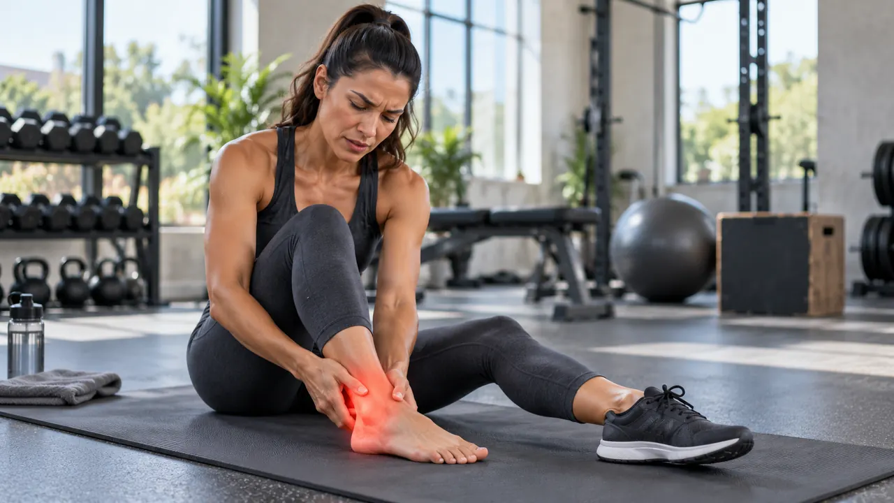 Woman sitting on a gym mat holding her sore ankle and heel