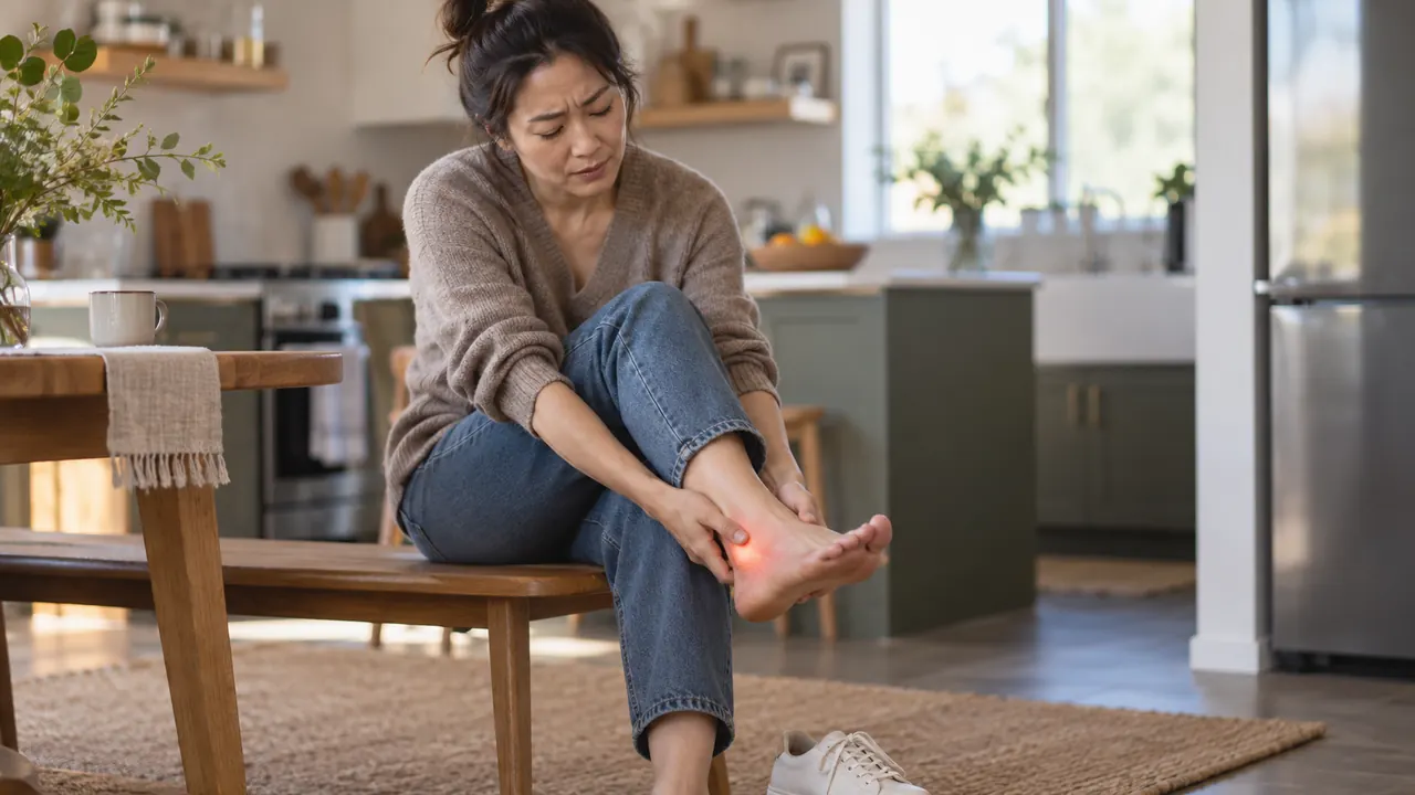 Woman at home in a kitchen taking off a shoe and rubbing the arch of her foot
