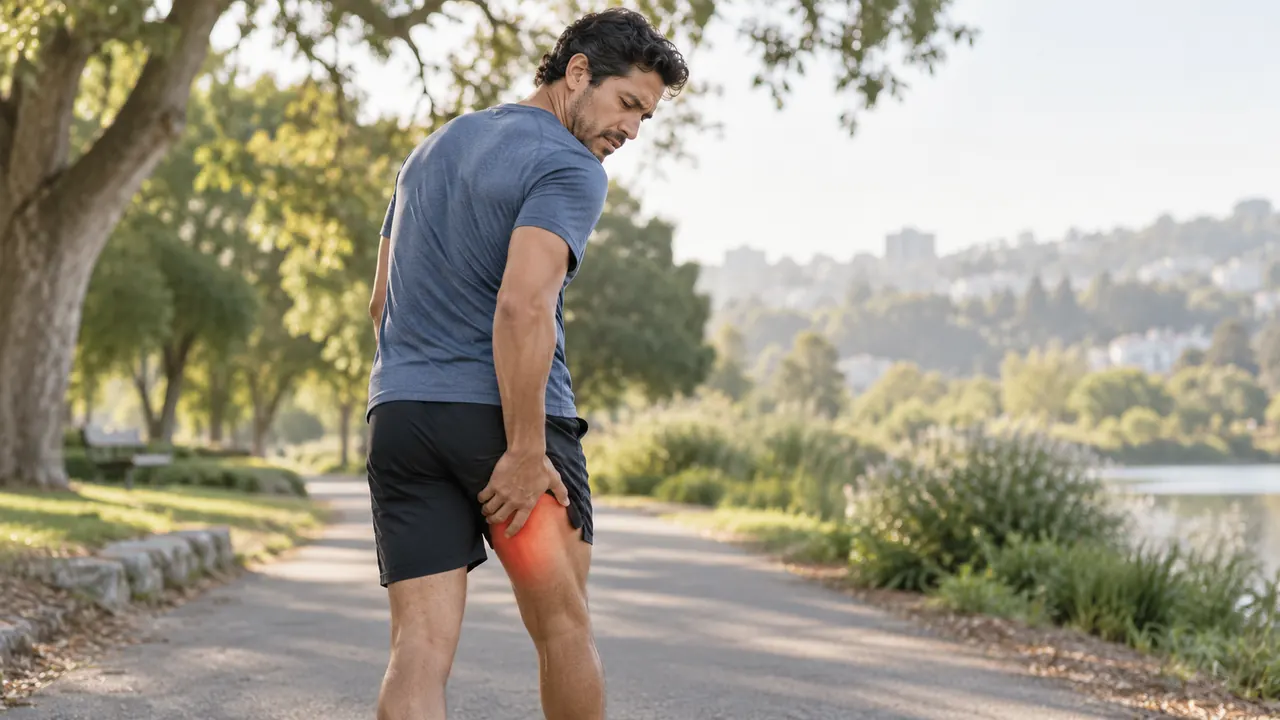 Man on a park path touching the back of his thigh