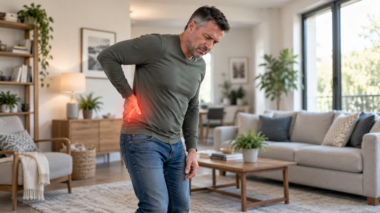 Man standing in a living room with his hand on his lower back, wincing in pain