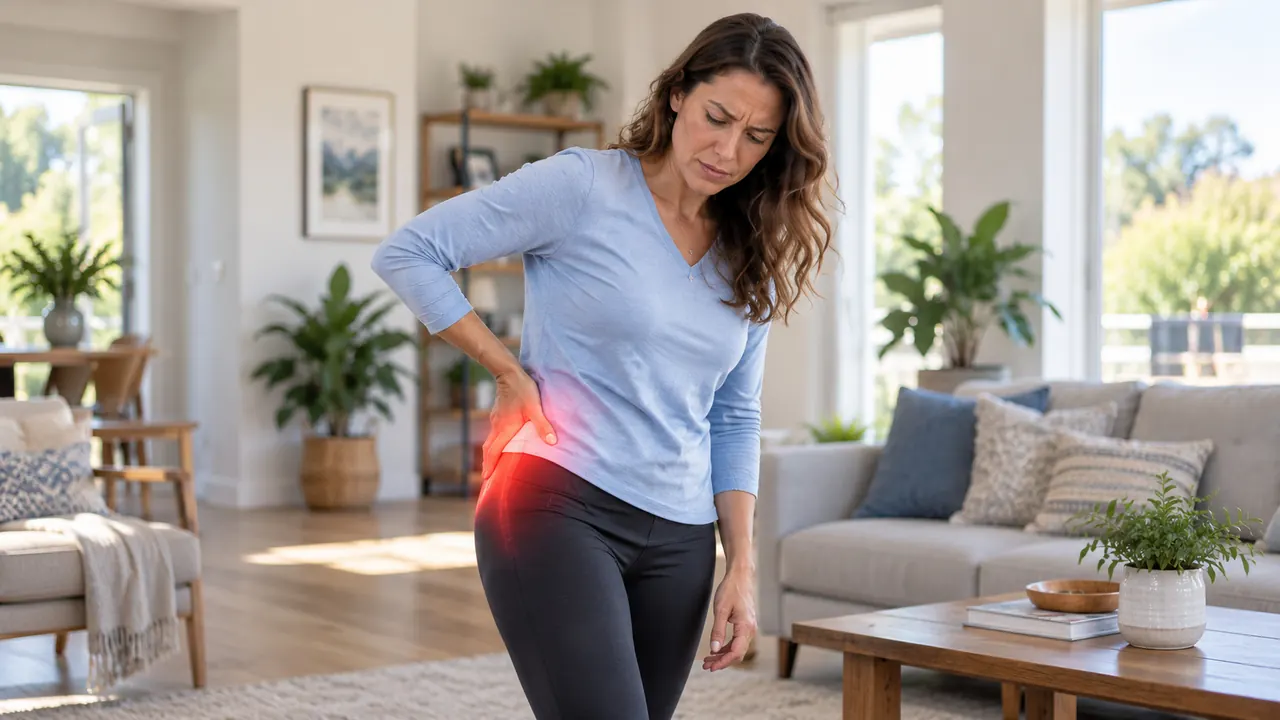 Woman standing in a living room holding her hip and lower back