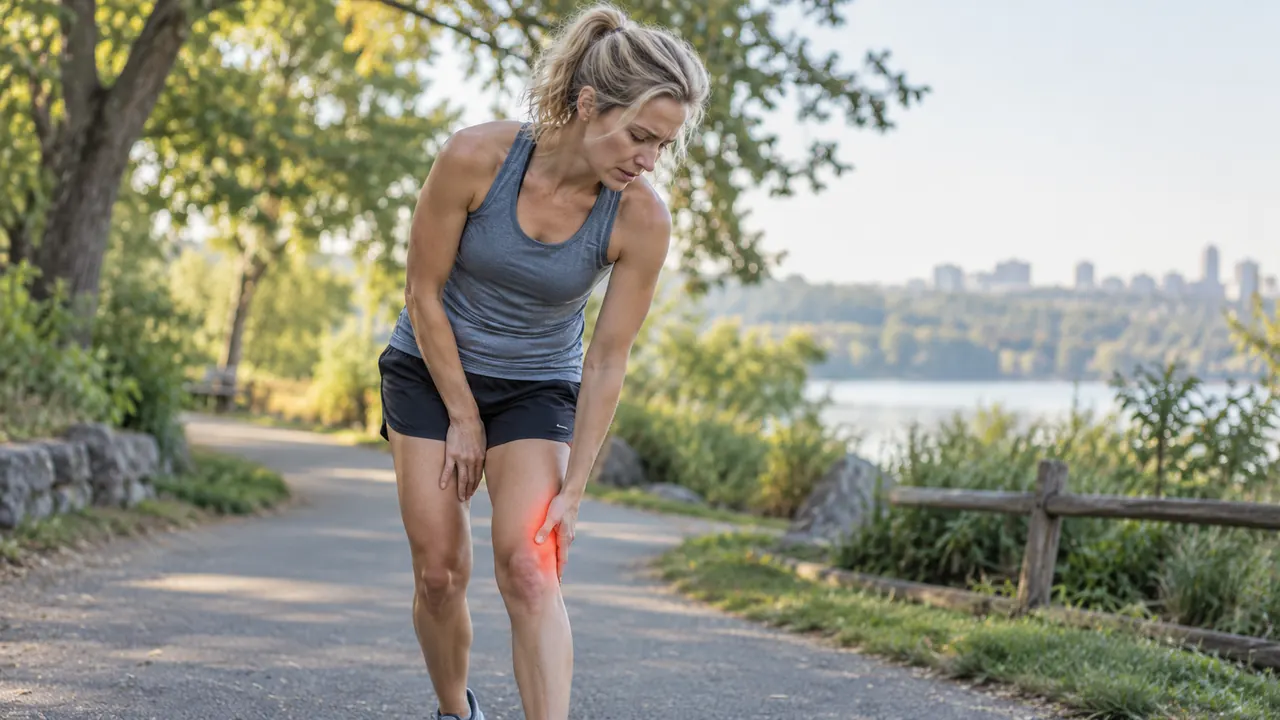 Woman stopped on a park path bending to hold her knee