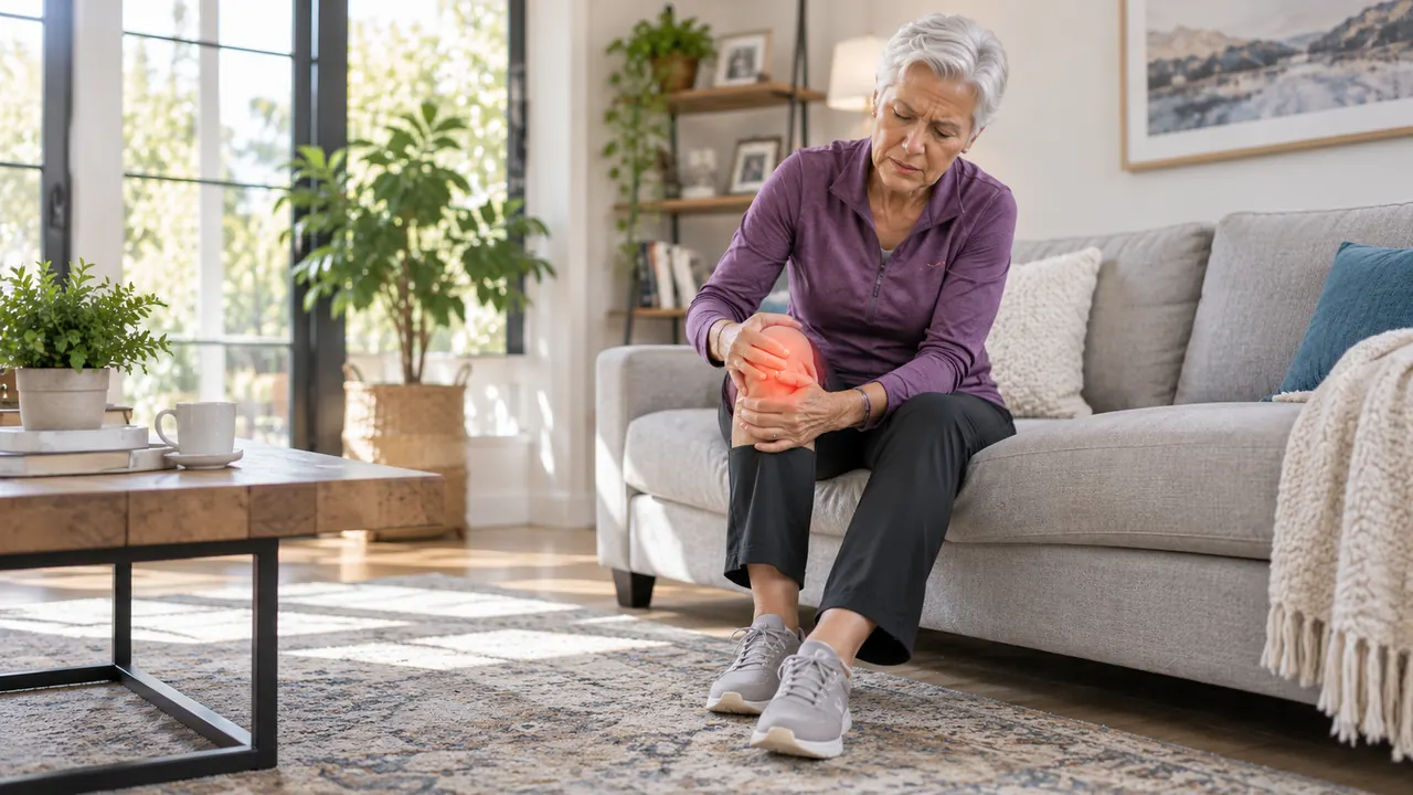 Older woman seated on a sofa holding her sore knee