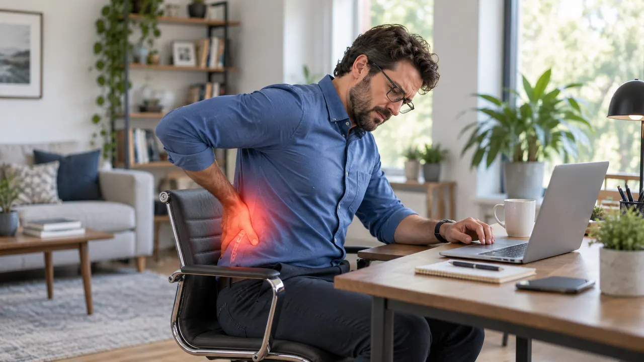 Man at a desk with his hand on his lower back, wincing in pain