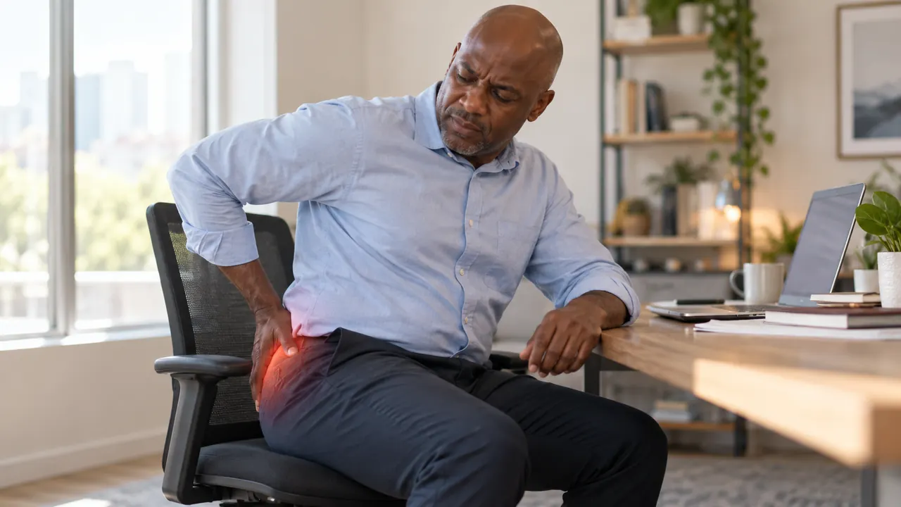 Man seated at an office desk with his hand on his lower back and hip